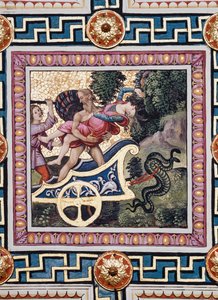 Die Piccolomini-Bibliothek, die Decke: „Die Entführung der Proserpina“, Fresko von Bernardino di Betto, bekannt als Pinturicchio. Im Panel eilt Pluto in seinem Wagen davon, Proserpina windet sich in seinen Armen und eine der Begleiterinnen der Göttin droht von Bernardino di Betto Pinturicchio