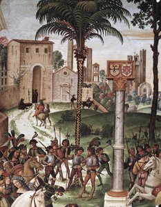 Der Bischof Enea Silvio Piccolomini (Pius II) stellt Eleonora von Aragon Kaiser Friedrich III. des Heiligen Römischen Reiches vor. (Detail) von Bernardino di Betto Pinturicchio