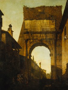 Der Titusbogen in Rom mit der Mauer und dem Tor der Farnesischen Gärten und dem Tempel der Castor und Pollux im Hintergrund, zwei Touristen im Vordergrund von Bernardo Bellotto