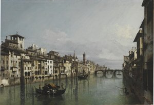 Der Arno zwischen der Ponte Vecchio und der Ponte Santa Trinità, Florenz, 1740 von Bernardo Bellotto