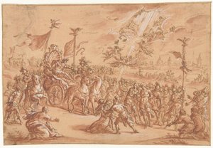 Ein heiliger Bischof kniet neben der Prozession eines römischen Imperators von Bernardo Castello (attributed to)