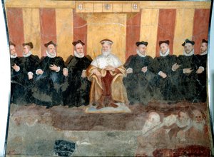 Der Doge von Genua Giacomo Durazzo Grimaldi (ca. 1503-1579) umgeben von Senatoren. Fresko von Bernardo Castello (1557-1629) 16. Jahrhundert Genua, Museo di Sant 