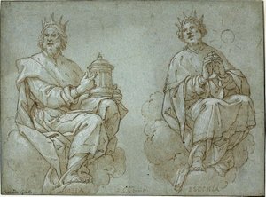 Zwei sitzende Könige von Juda; Josia und Hiskia