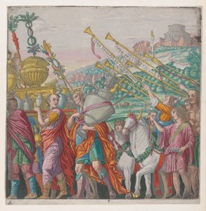 Blatt 4: Männer, die Trophäen tragen, links, Trompeter rechts, aus Der Triumph von Julius Ca..., 1599 von Bernardo Malpizzi