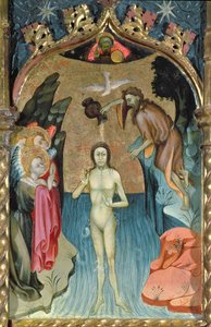 Altarbild, das die Taufe Jesu durch Johannes den Täufer aus der Kirche von Cabrera darstellt von Bernardo Martorell