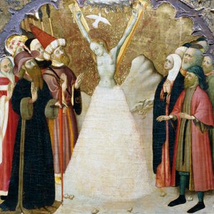 Das Martyrium der hl. Eulalia, Detail (vom Predella eines Altars) aus der Kathedrale von Vic, von Bernat Martorell, katalanische gotische Kunst von Bernardo Martorell