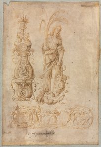 Entwurf für einen Kandelaber, Allegorische Figur des Überflusses, Ornamentaler Reliefentwurf, ca. 1490er Jahre