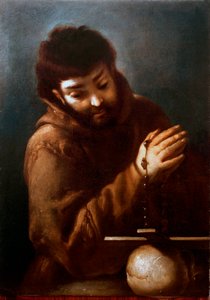 Darstellung des heiligen Franziskus von Assisi, der das Kruzifix anbetet. Gemälde von Bernardo Strozzi (1581-1644) 17. Jahrhundert Private Sammlung