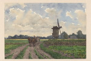Landschaft mit Mühle und Wagen in Vorden von Bernardus Bueninck (signed by artist)