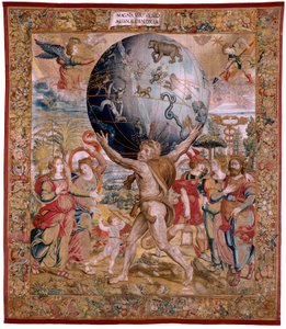 Flämischer Wandteppich. Serie Die Sphären. Herkules, der die Himmelskugel stützt (Hércules sostiene la esfera celeste). Erster Wandteppich der Serie. Modell Barend van Orley oder Pieter Coecke van Aelst. 1525-1530. Herstellung Joris Vezeleer (Georg Wezeler von Bernart van (attr. to) Orley