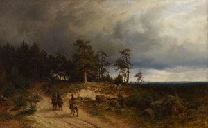Landschaft in Ostfinnland mit berittenen Kosaken