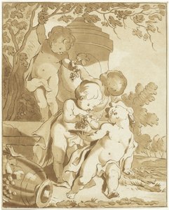 Vier Putti, die Trauben bei einer Vase pflücken