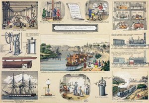 Geschichte des Dampfes, Illustration für ein Lehrbuch, Mitte des 19. Jahrhunderts