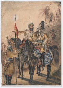 Zwei berittene Offiziere und ein abgestiegener Sowar, 4. Bengalische Irreguläre Kavallerie, ca. 1850 von Bethune Donald Grant