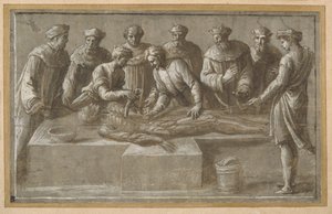 Sechs Anatomiaprofessoren, die eine gehäutete männliche Leiche sezieren (Feder & braune Tinte mit brauner Waschung und Aufhellung) von Biagio Pupini