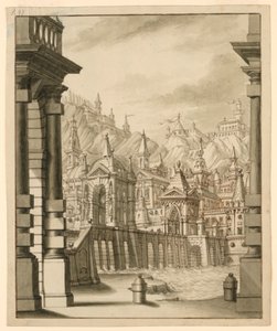 Bühnenbild, Stadt auf Hügel mit Türmen