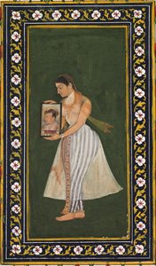 Nur Jahan hält ein Porträt von Kaiser Jahangir