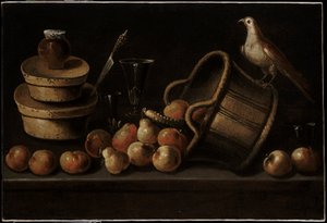 Stillleben mit Früchten und einem Vogel