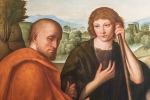 Anbetung der Hirten: Madonna mit Jesuskind und zwei Hirten (Detail)