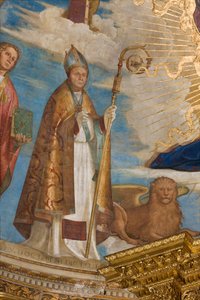 Apsis, Catino Apsis, Pantokrator unter den Heiligen Marcellino, Imerio, Omobono, Peter Exorzist, Detail von St. Imerio