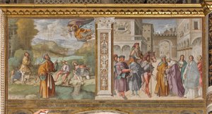 Zentrales Kirchenschiff, erstes nördliches Joch, Verkündigung an Joachim, Begegnung von Joachim und Anna an der Goldenen Pforte von Boccaccio Boccaccino