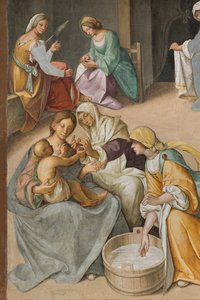 Zentrales Schiff, Zweites nördliches Joch, Geburt der Jungfrau, Detail von Boccaccio Boccaccino