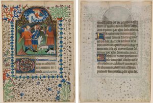 Blatt aus einem Stundenbuch: Verkündigung an die Hirten (recto) und Text (verso)