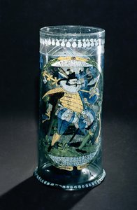 Humpen mit emaillierter Dekoration eines Jägers und einer Frau, c.1594 (Glas)