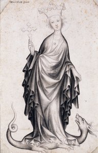 Heilige Margarete von Antiochia (gestorben um 305) (Saint Margaret) (sie hält ein Kruzifix und tritt auf einen Drachen) - Werk eines böhmischen Meisters (aktiv 1410-1420), Bleistift und Pinsel auf Papier (21,4x14 cm), um 1410 - Szépművészeti Múzeum, Budape von Bohemian School