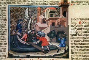 Warenverladung auf ein Schiff, aus dem Manuskript "Justiniano Institutiones Feodorum et Alia", ca. 1300 von Bolognese School