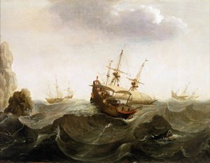Ein niederländisches Handelsschiff nach Ostindien lässt zwei Heringsfischerboote passieren, von Bonaventura Peeters von Bonaventura Peeters