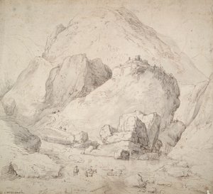 Gebirgige Landschaft mit Figur auf Pferd im Vordergrund von Bonaventura Peeters