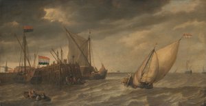 Reisende, die bei starkem Wind an einem Steg an der Schelde anlanden von Bonaventura Peeters