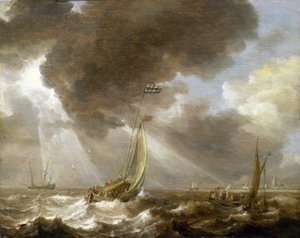 Zwei niederländische Fischerboote im Wind, beladen mit Passagieren, die sie in die am Horizont sichtbare Stadt transportieren, die Boote tragen die Flagge der Amsterdamer Admiralität von Bonaventura Peeters