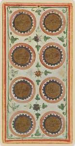 Die Acht der Münzen, Faksimile einer Tarotkarte aus dem 