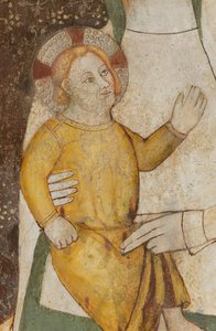 Nordquerhaus, Altar des Erzengels Michael, hinter dem Altarbild die Fresken von Bonifacio Bembo, Jungfrau und Kind (Detail)