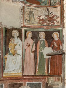 Nördliches Querschiff, Altar des Erzengels Michael, Fresken von Bonifacio Bembo, Jungfrau und Kind, Heilige Aquilina und Heilige Katharina von Alexandria, Symbol der Demut oben von Bonifacio Bembo