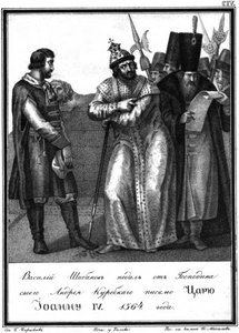Iwan der Schreckliche erhält einen Brief von Andrey Kurbsky. 1564 aus dem illustrierten Karamzin, 1836