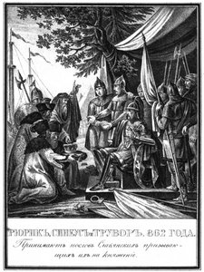 Rurik, Sineus und Truvor. Die Einladung der Waräger, 862 Aus Illustrierter Karamzin, 1836 von Boris Artemyevich Chorikov