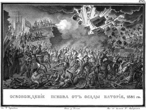 Die Befreiung von Pskow im Jahr 1581 aus dem illustrierten Karamzin, 1836 von Boris Artemyevich Chorikov