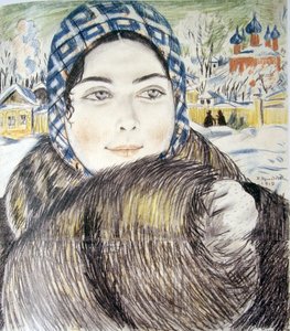 Die Frau eines jungen Kaufmanns mit kariertem Schal - Boris Michaylovich Kustodiev von Boris Mikhailovich Kustodiev