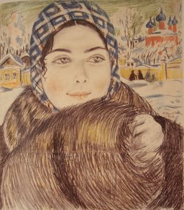 Die Frau eines jungen Kaufmanns mit kariertem Schal, 1919 von Boris Mikhailovich Kustodiev