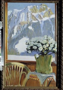Blumen auf dem Balkon mit Blick auf die Berge von Boris Mikhailovich Kustodiev