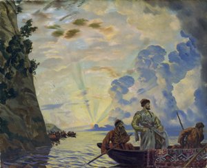 Der Kosakenführer Stepan (Stenka) Timofejewitsch Rasin in einem Boot von Boris Mikhailovich Kustodiev