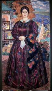 Händlerin (Ganzkörperporträt einer Frau in einem reich verzierten Kleid vor einem Gemüsestand) von Boris Mikhailovich Kustodiev