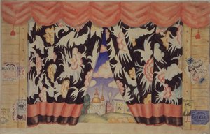 Skizze des Vorhangs für das Theaterstück Der Floh von E. Zamyatin, 1925-1926