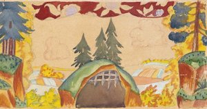 Bühnenbild für die Oper Der goldene Hahn von N. Rimski-Korsakow, 1927 von Boris Mikhailovich Kustodiev