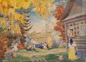 Bühnenbild für das Theaterstück Bauernfrauen von Alexander Neverov, 1920 von Boris Mikhailovich Kustodiev