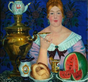 Die Kaufmannsfrau trinkt Tee, 1923 von Boris Mikhailovich Kustodiev