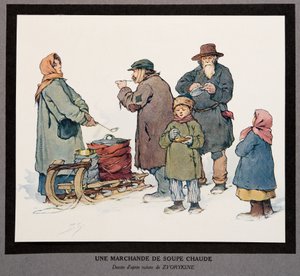 Ein heißer Suppenverkäufer, aus Histoire des Soviets, veröffentlicht 1922 von Boris Vasilievich Zvorykin